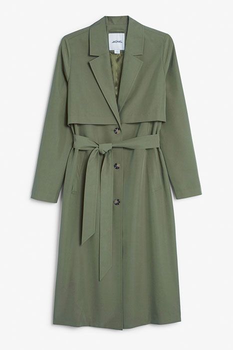 Clothing, Coat, Outerwear, Trench coat, Green, Overcoat, Sleeve, Robe, Dress, Day dress, 