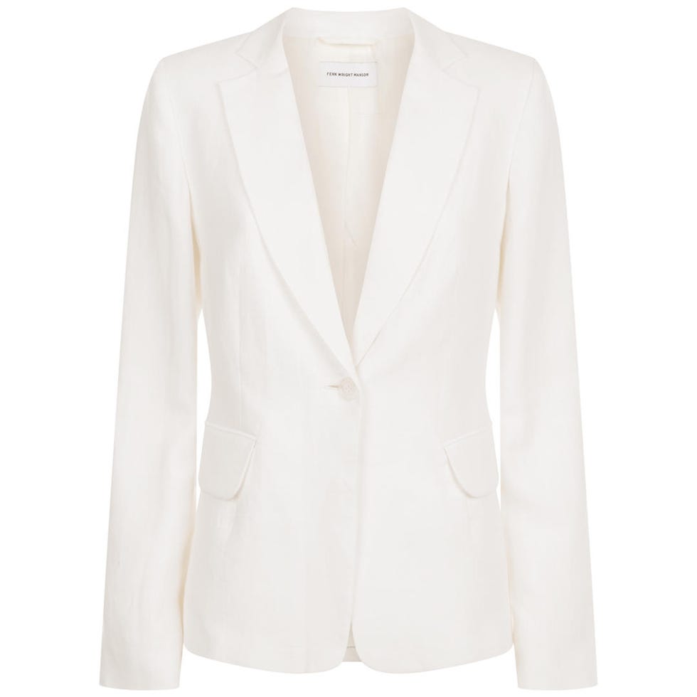 Clothing, Outerwear, Blazer, White, Jacket, Formal wear, Sleeve, Top, Suit, Beige, 