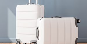 Suitcase, Hand luggage, Baggage, Beige, Floor, Luggage and bags, 