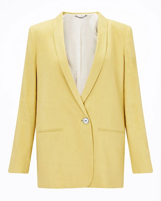 Clothing, Outerwear, Blazer, Yellow, Jacket, Button, Sleeve, Suit, Collar, Formal wear, 
