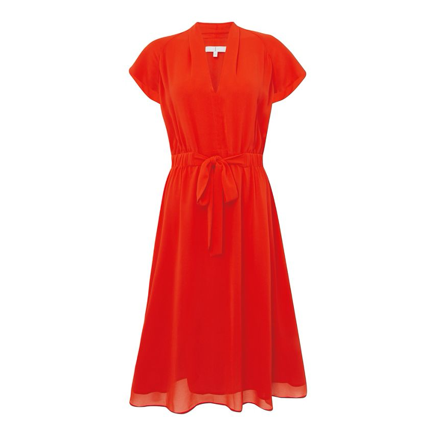 Clothing, Dress, Day dress, Red, Orange, Yellow, Sleeve, Cocktail dress, Neck, A-line, 
