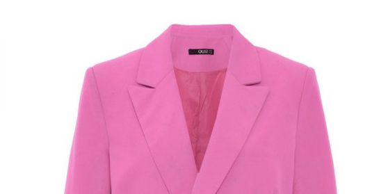 Clothing, Outerwear, Pink, Blazer, Jacket, Sleeve, Magenta, Coat, Button, Suit, 