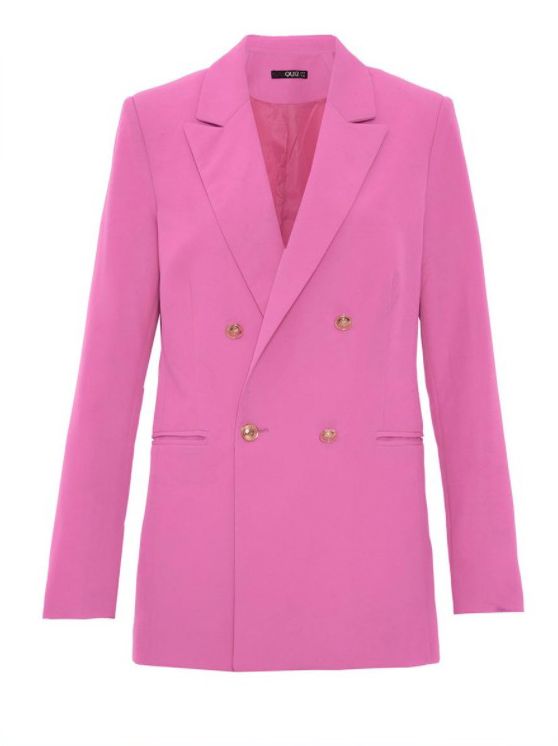 Clothing, Outerwear, Pink, Blazer, Jacket, Sleeve, Magenta, Coat, Button, Suit, 