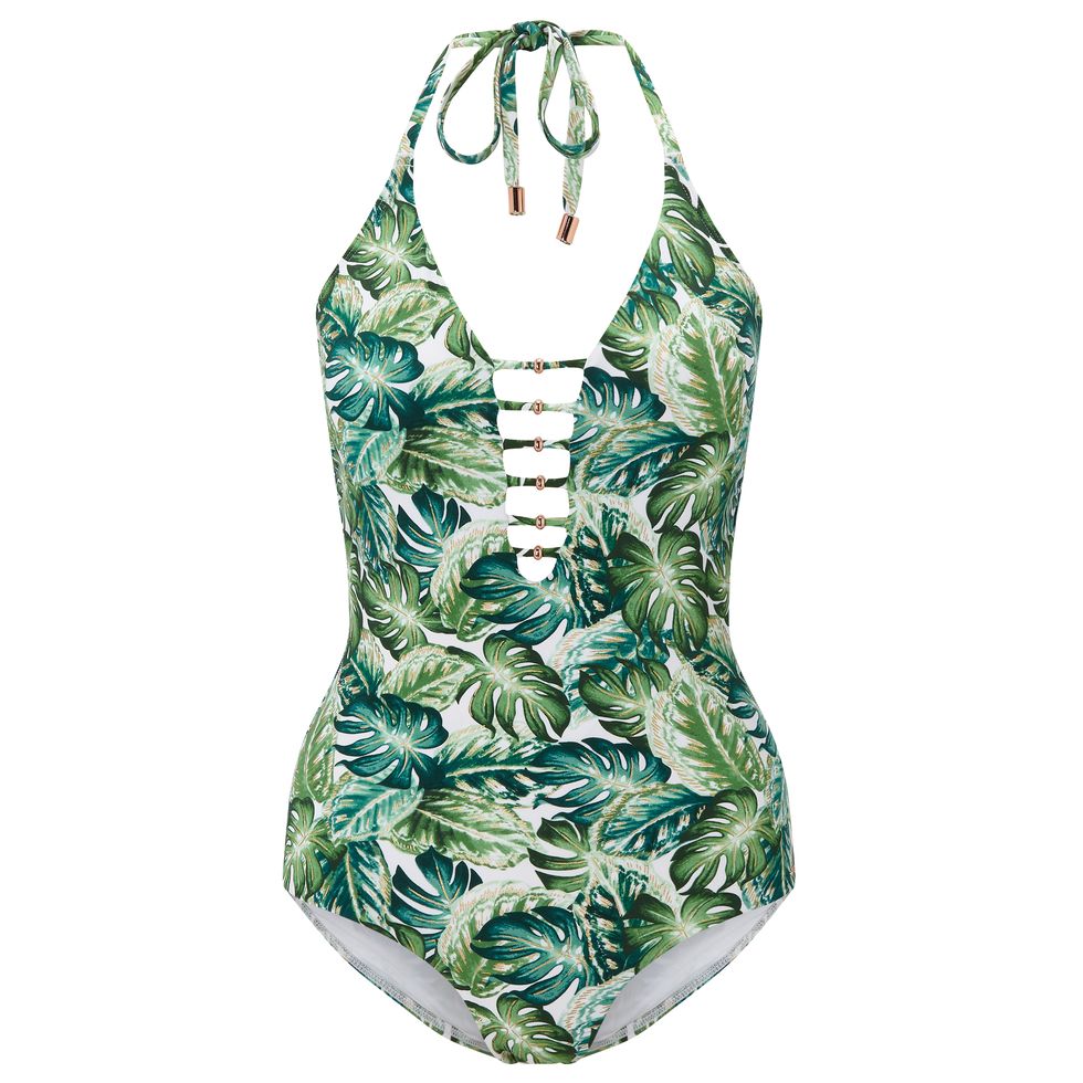 Clothing, One-piece swimsuit, Green, Swimwear, Monokini, Dress, Maillot, Neck, Pattern, Pattern, 