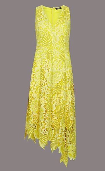 Clothing, Day dress, Dress, Yellow, Cocktail dress, One-piece garment, Formal wear, Lace, Cover-up, Pattern, 
