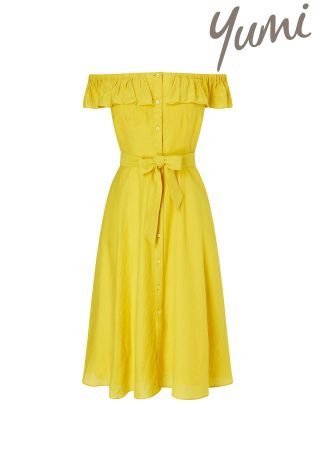 Clothing, Dress, Yellow, Day dress, Cocktail dress, Shoulder, Bridal party dress, Pattern, Sleeve, A-line, 