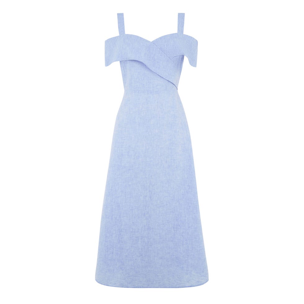 Clothing, Dress, Day dress, White, Blue, Cocktail dress, Shoulder, A-line, Neck, Formal wear, 