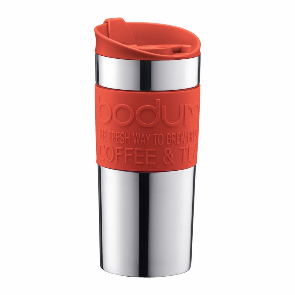 Red, Orange, Tumbler, Vacuum flask, Drinkware, Material property, Cylinder, Tableware, Lid, 