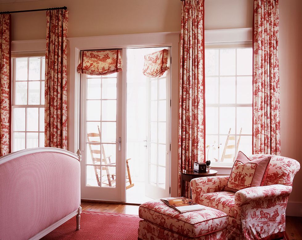 Curtain, Room, Window treatment, Interior design, Furniture, Red, Pink, Living room, Property, Window covering, 