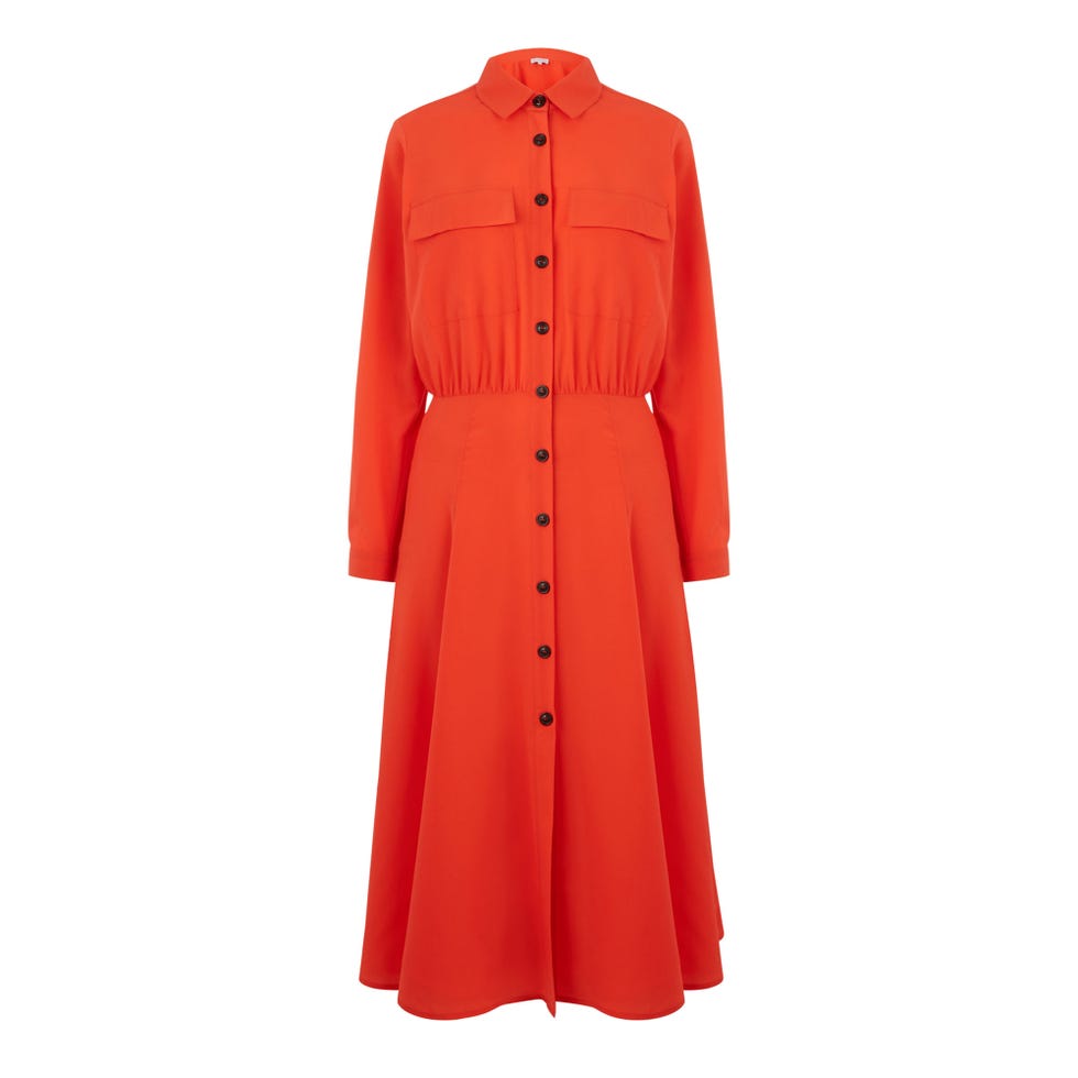 Clothing, Sleeve, Red, Orange, Outerwear, Trench coat, Day dress, Collar, Coat, Button, 