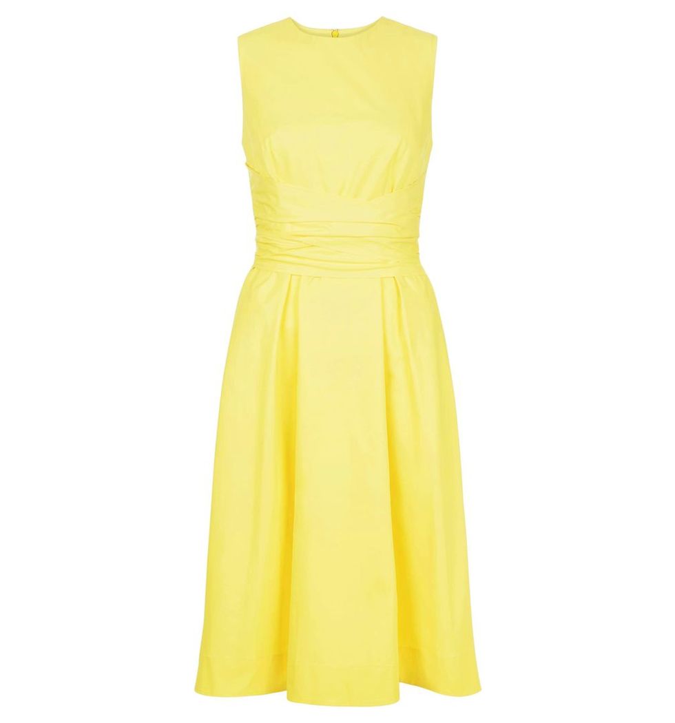 Clothing, Dress, Day dress, Yellow, Cocktail dress, A-line, Neck, Formal wear, One-piece garment, Bridal party dress, 