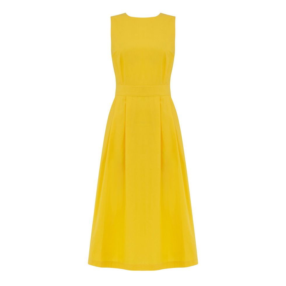 Dress, Clothing, Day dress, Yellow, Cocktail dress, A-line, Gown, Strapless dress, Formal wear, Neck, 
