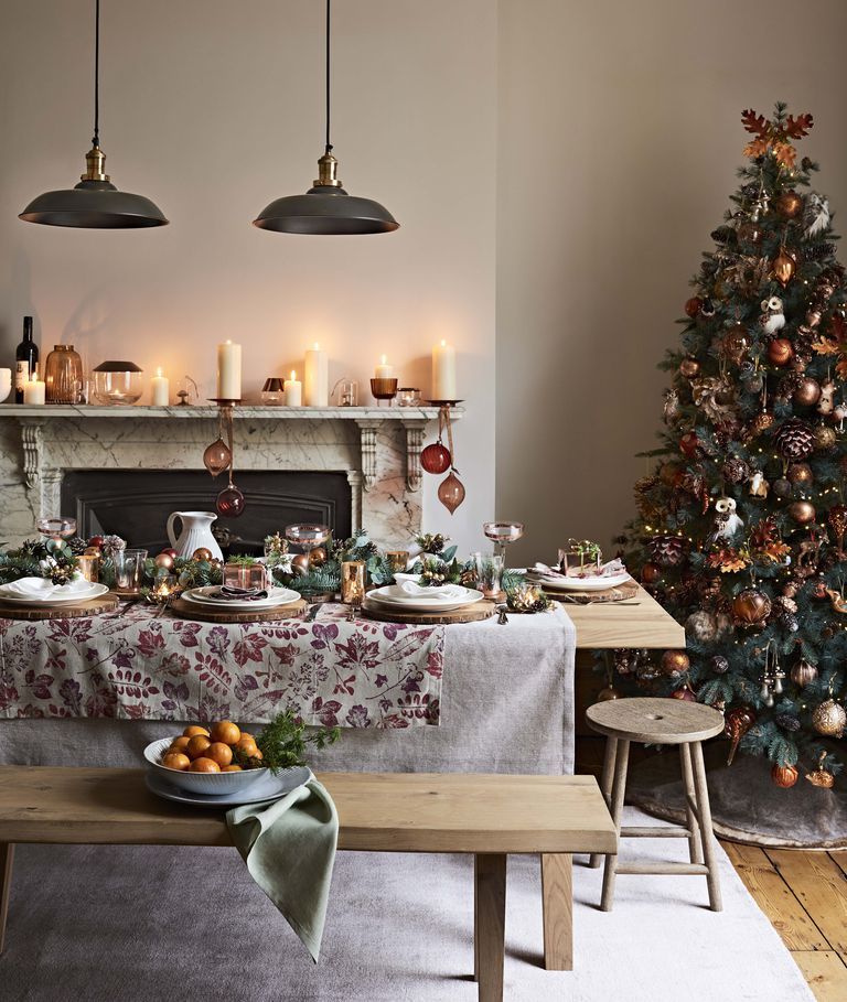 Christmas decoration, Christmas tree, Room, Interior design, Christmas, Table, Furniture, Home, Tree, Dining room, 