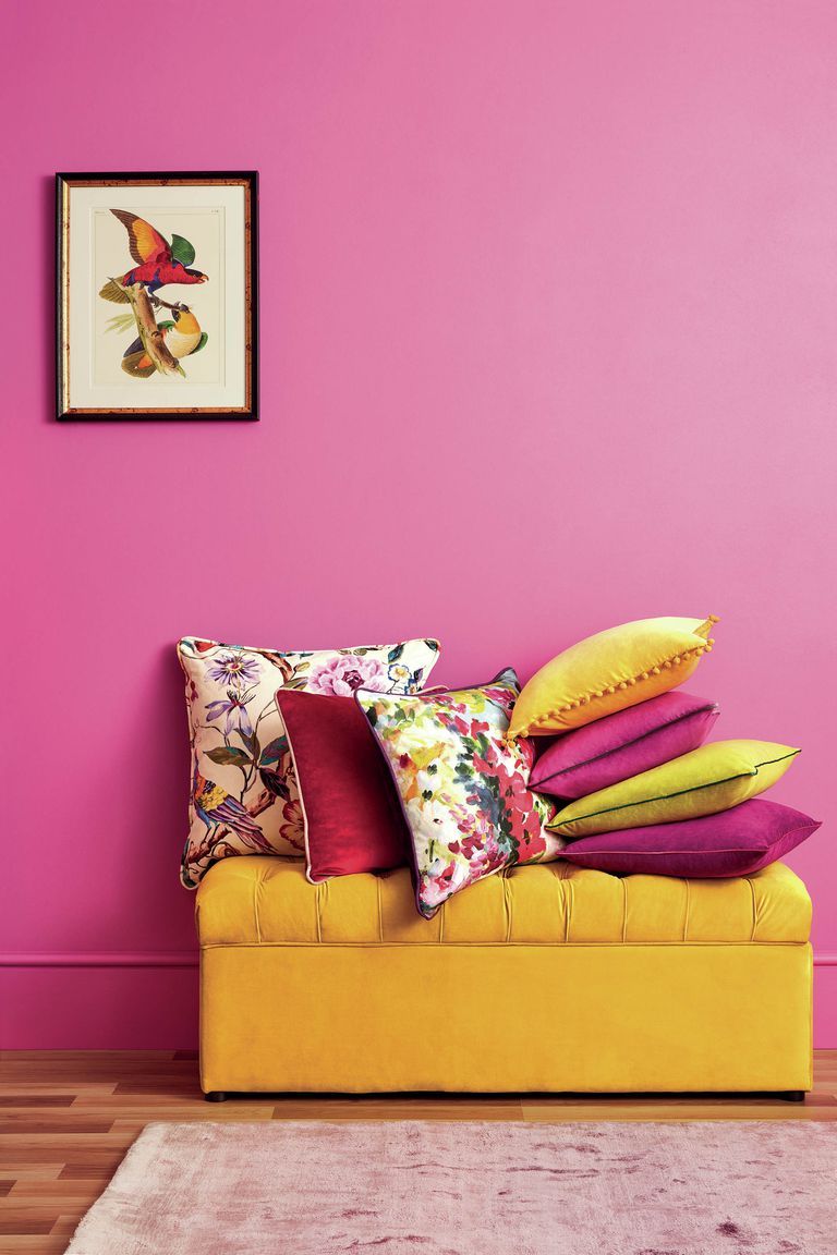 Pink, Furniture, Yellow, Magenta, Couch, Purple, Room, Interior design, Chaise longue, Comfort, 