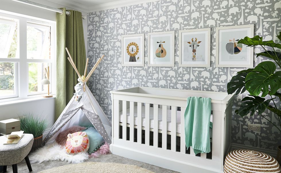 Room, Green, Product, Furniture, Interior design, Wall, Nursery, Curtain, Wallpaper, Bedding, 