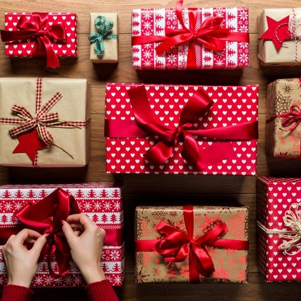 Present, Red, Ribbon, Gift wrapping, Paper, Fashion accessory, Christmas decoration, Pattern, Christmas ornament, Christmas cracker, 