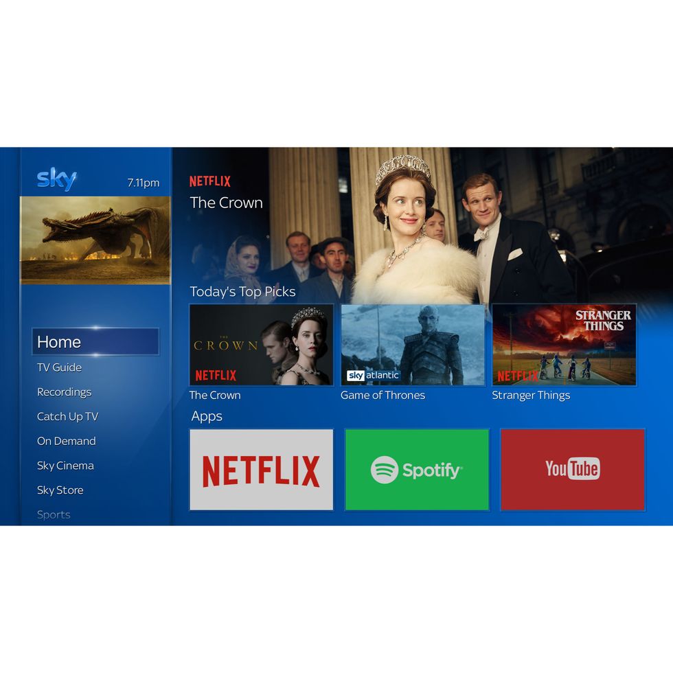a sky tv user interface showing netflix and spotify apps