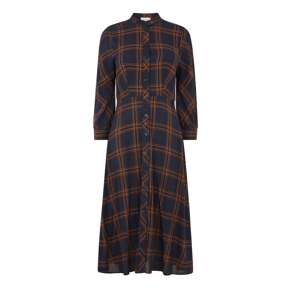Clothing, Brown, Dress, Sleeve, Outerwear, Day dress, Robe, Maroon, Plaid, Pattern, 
