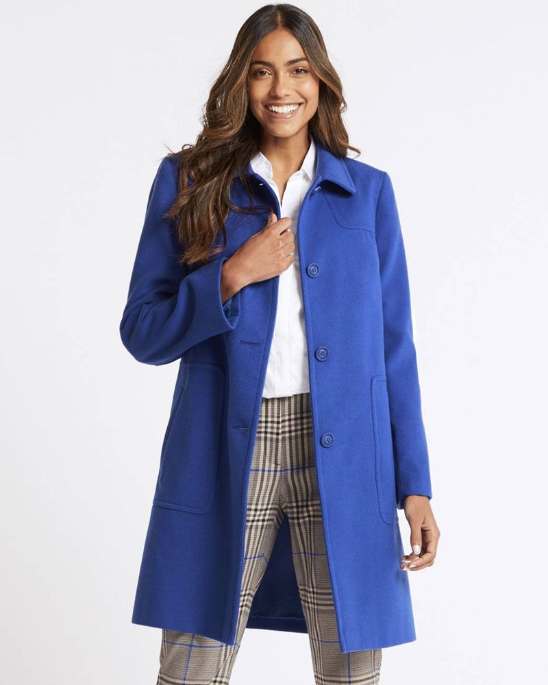 Clothing, Coat, Blue, Outerwear, Overcoat, Trench coat, Cobalt blue, Electric blue, Duster, Sleeve, 