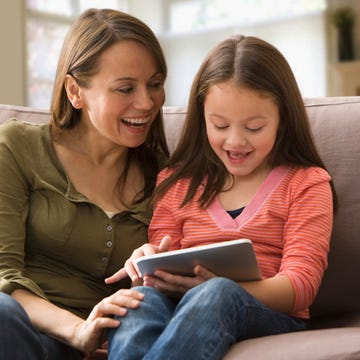 Smile, Sitting, Comfort, Happy, Sharing, Denim, Lap, Blond, Reading, Couch, 