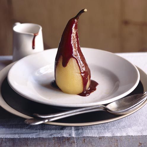perry poached pears with chocolate sauce