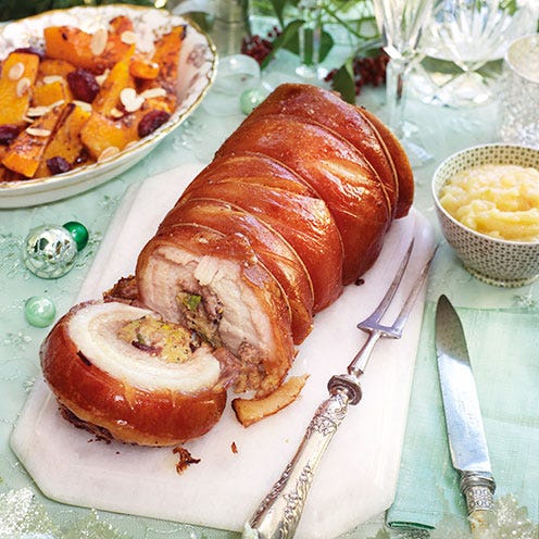 Stuffed roast pork belly with apple sauce