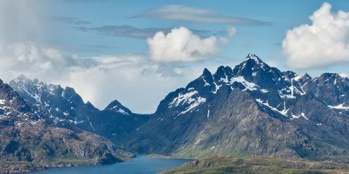 Mountainous landforms, Water, Mountain range, Natural landscape, Mountain, Bank, Cumulus, Watercraft, Glacial lake, Lake, 