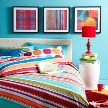 Blue, Green, Room, Interior design, Textile, Bedding, Wall, Bed, Red, Orange, 