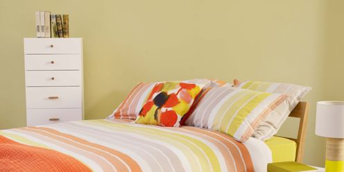 Bed, Room, Green, Yellow, Bedding, Interior design, Bedroom, Textile, Bed sheet, Furniture, 