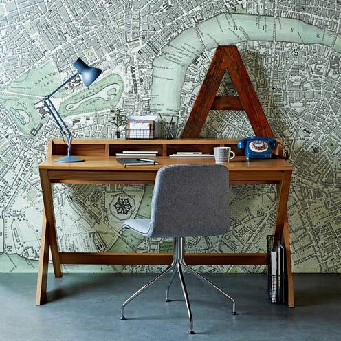 Room, Furniture, Interior design, Writing desk, Desk, Office supplies, Drawer, Wallpaper, Design, Still life photography, 