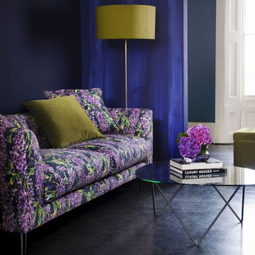 Blue, Yellow, Interior design, Room, Purple, Textile, Furniture, Wall, Violet, Lavender, 