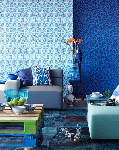Blue, Room, Interior design, Textile, Living room, Turquoise, Furniture, Teal, Wall, Home, 