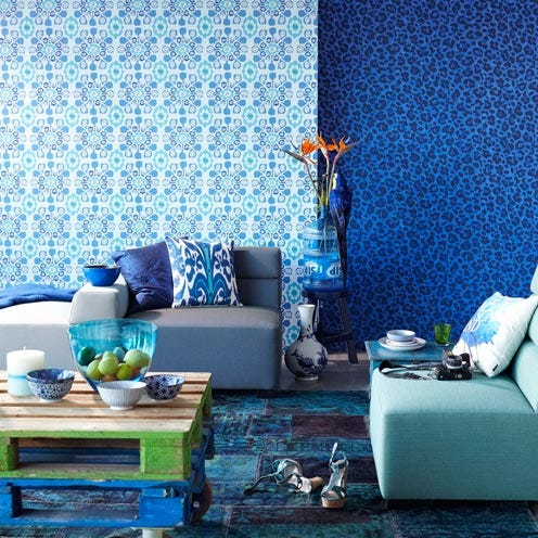 Blue, Room, Interior design, Textile, Living room, Turquoise, Furniture, Teal, Wall, Home, 