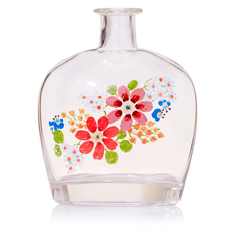 Fluid, Liquid, Glass, Bottle, Pink, Peach, Drinkware, Flowering plant, Artifact, Creative arts, 
