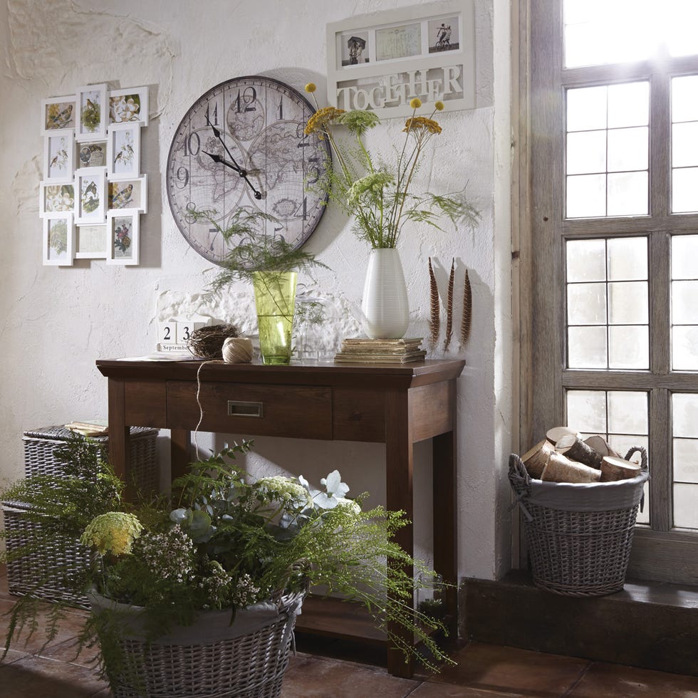 Room, Interior design, Interior design, Fixture, Wall clock, Home accessories, Picture frame, Twig, Basket, Vase, 