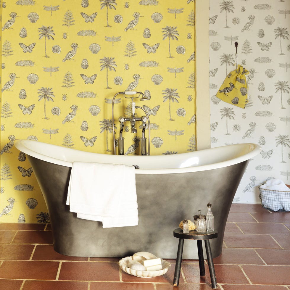 Product, Yellow, Plumbing fixture, Room, Interior design, Textile, Wall, Tile, Bathroom accessory, Tap, 