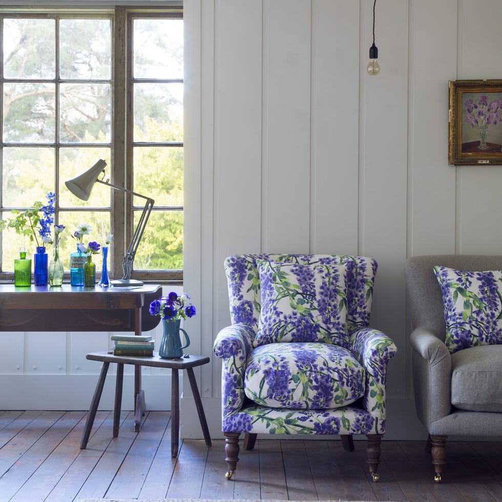 Blue, Room, Window, Interior design, Furniture, Purple, Wall, Glass, Interior design, Fixture, 