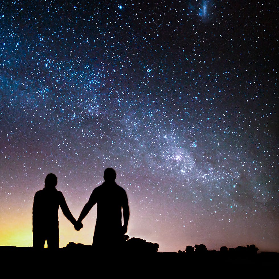Astronomical object, Night, Star, Space, People in nature, Astronomy, Galaxy, Backlighting, Silhouette, Holding hands, 