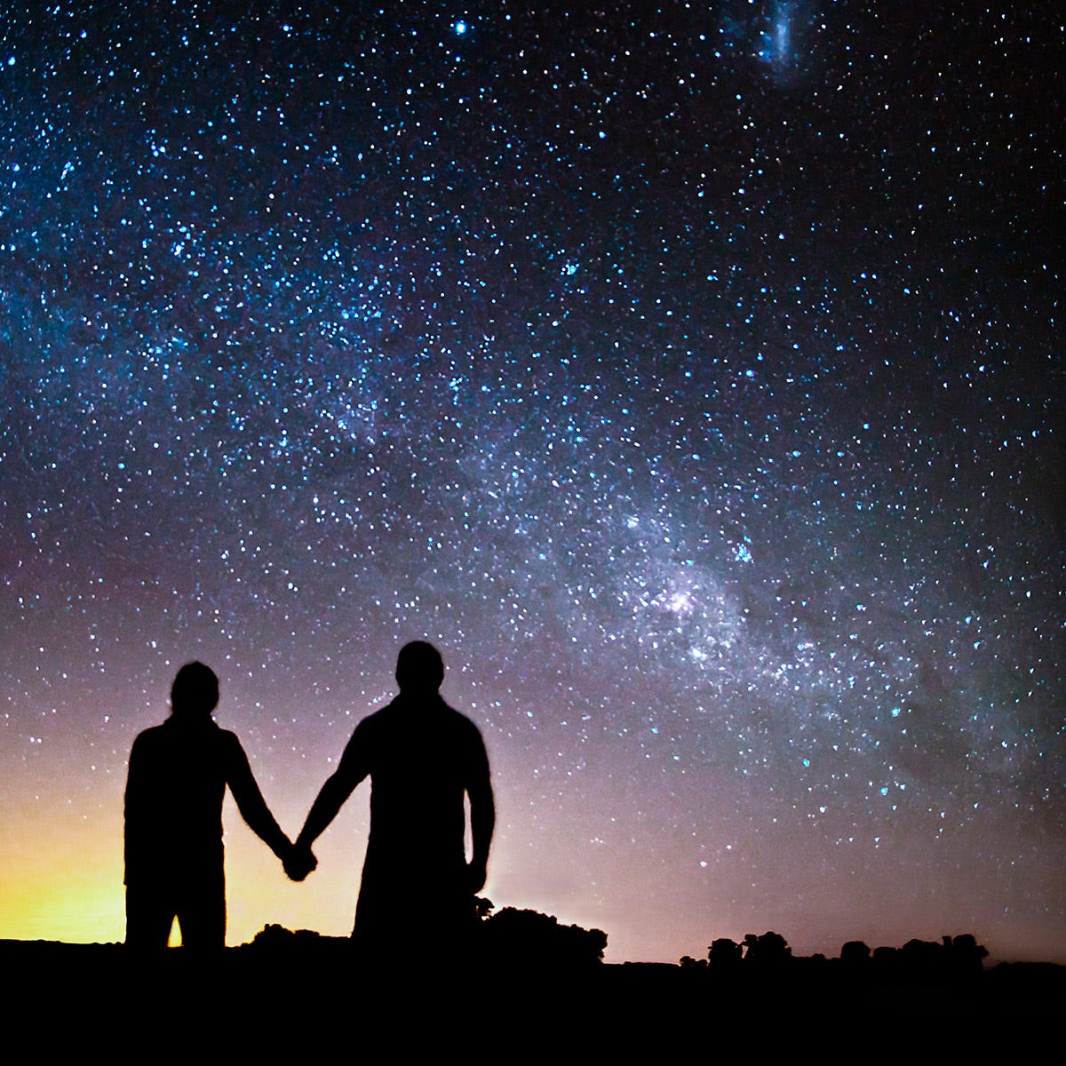 Astronomical object, Night, Star, Space, People in nature, Astronomy, Galaxy, Backlighting, Silhouette, Holding hands, 