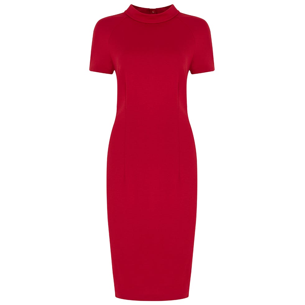 Sleeve, Shoulder, Red, Dress, One-piece garment, Carmine, Pattern, Neck, Maroon, Day dress, 