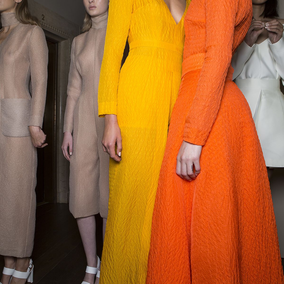 Textile, Orange, Formal wear, Dress, Fashion, One-piece garment, Costume design, Day dress, Peach, Vintage clothing, 