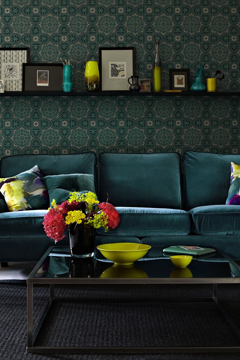 Green, Yellow, Interior design, Room, Living room, Furniture, Wall, Table, Couch, Interior design, 