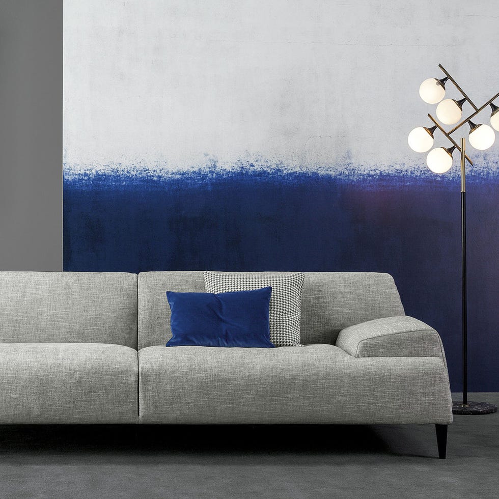 Blue, Interior design, Room, Wall, White, Couch, Furniture, Living room, Pillow, Throw pillow, 