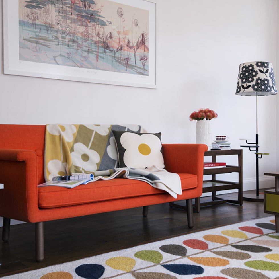 Room, Interior design, Floor, Wall, Textile, Flooring, Furniture, Home, Lamp, Orange, 