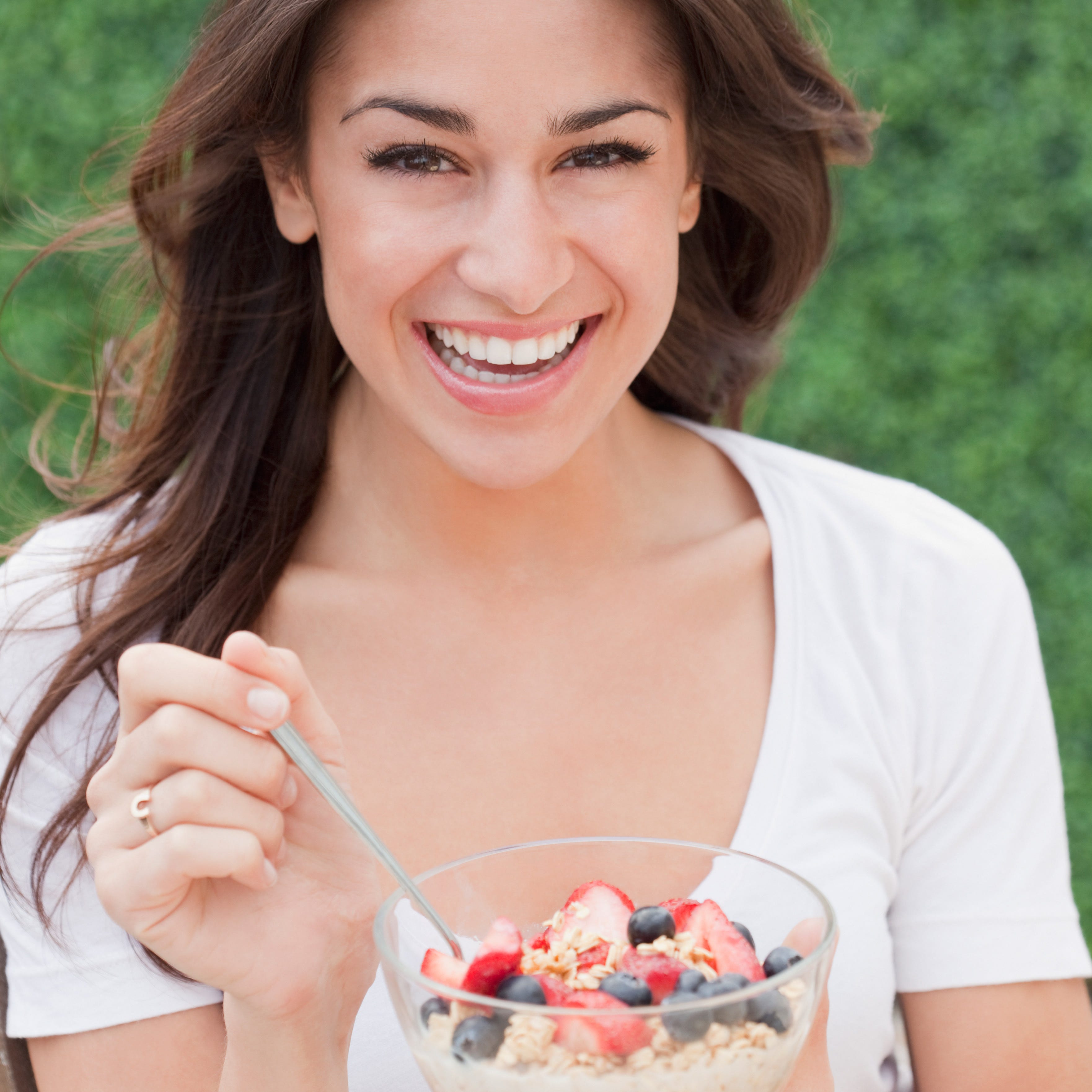 Lip, Food, Happy, Ingredient, Fruit, Tooth, Facial expression, Cuisine, Dessert, Sweetness, 