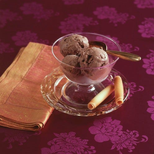 Serveware, Dishware, Tableware, Tablecloth, Chocolate ice cream, Kitchen utensil, Dessert, Spoon, Snack, Home accessories, 
