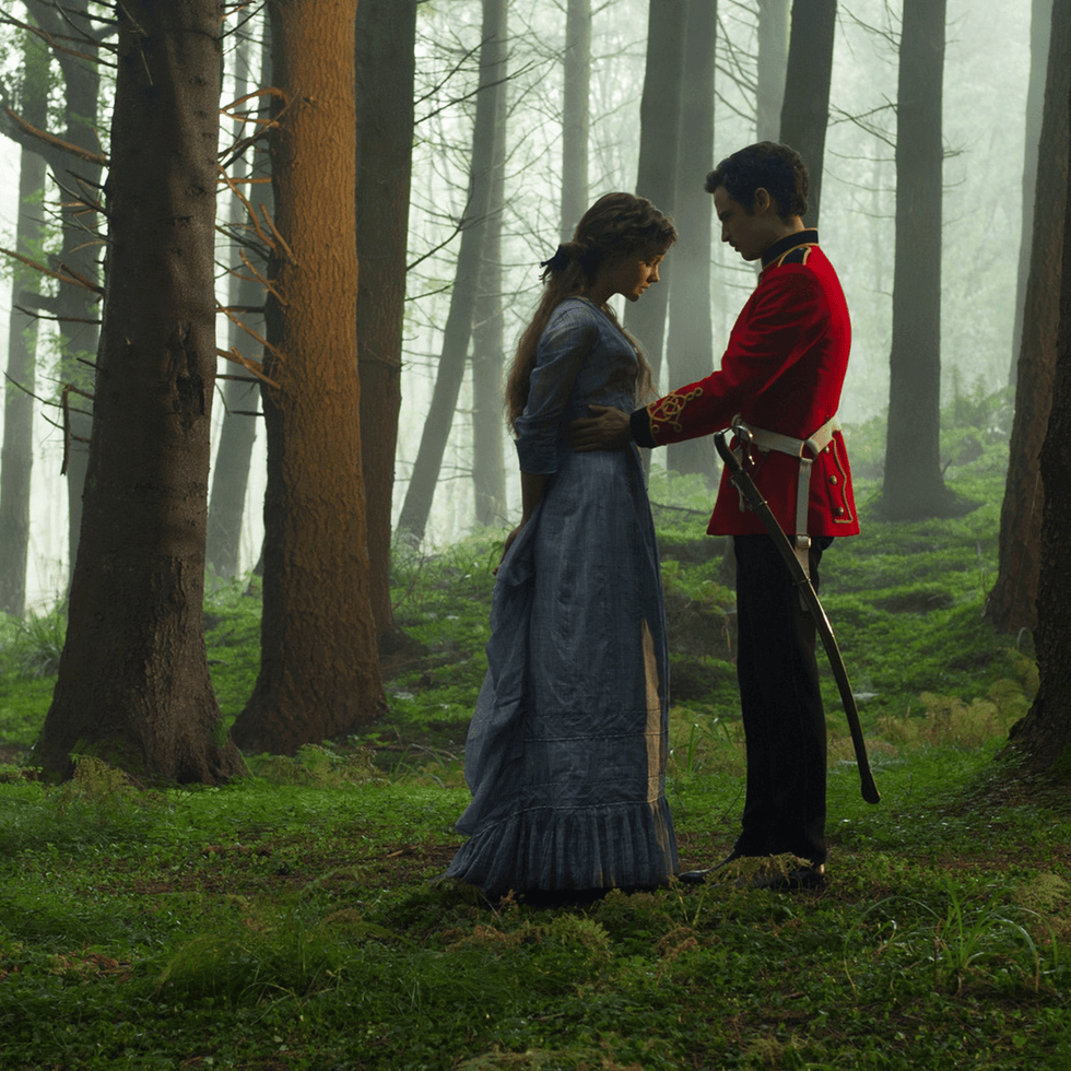 Dress, Forest, Trunk, Gown, Woodland, Costume, Love, Old-growth forest, Victorian fashion, Northern hardwood forest, 