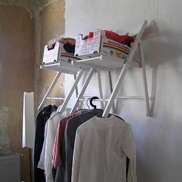 Room, Clothes hanger, Wall, Grey, Ladder, Shelving, Box, Plaster, 