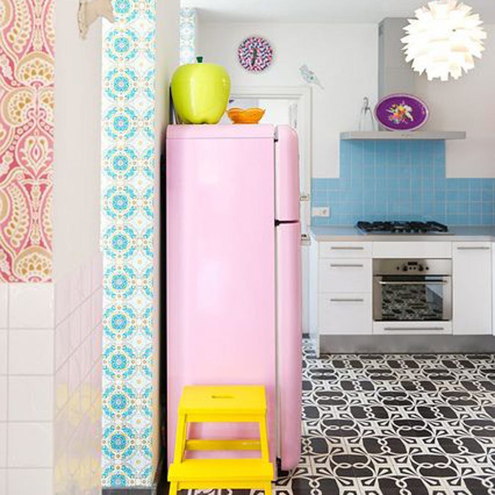 Room, Yellow, Floor, Interior design, Flooring, Pink, Turquoise, Teal, Major appliance, Aqua, 