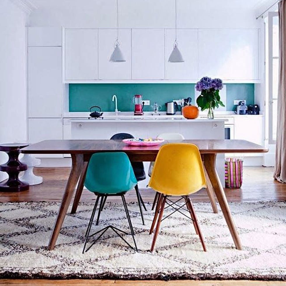 Room, Interior design, Floor, Furniture, Table, Wall, Flooring, Interior design, Turquoise, Light fixture, 